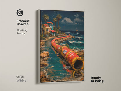 This framed canvas displays surreal industrial pipeline wall art. The coastal home decor art print is in a white floating frame ready to hang. This red orange teal artwork is a perfect eclectic wall decor idea.