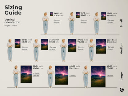 Sizing guide shows vertical orientation options for mountain sunset art. Sizes range from small to large. Canvas and poster options are available. Choose the perfect size for your space. Find the ideal fit for your nature landscape decor and art print needs. This artwork complements any room.