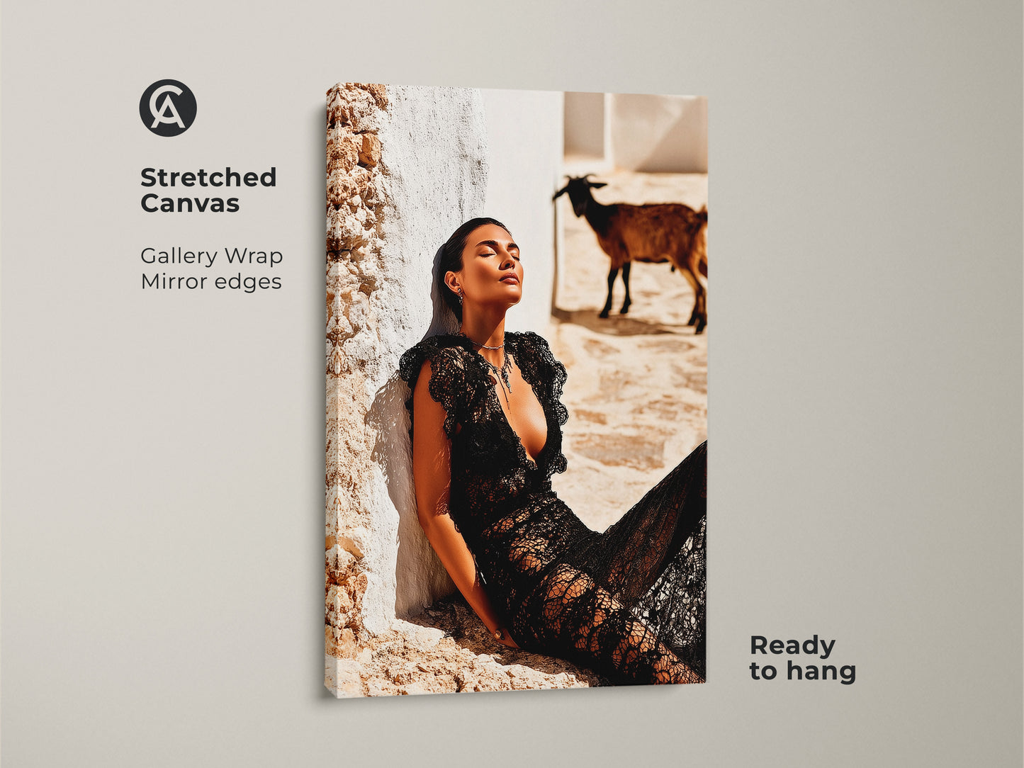 Stretched Canvas fashion photography print. Woman in a black lace dress with a goat is featured. This gallery-wrapped canvas has mirrored edges. Ready to hang and adds an eclectic aesthetic. Ideal for eclectic bedroom wall art. The Mediterranean style is great art for fashion lovers.