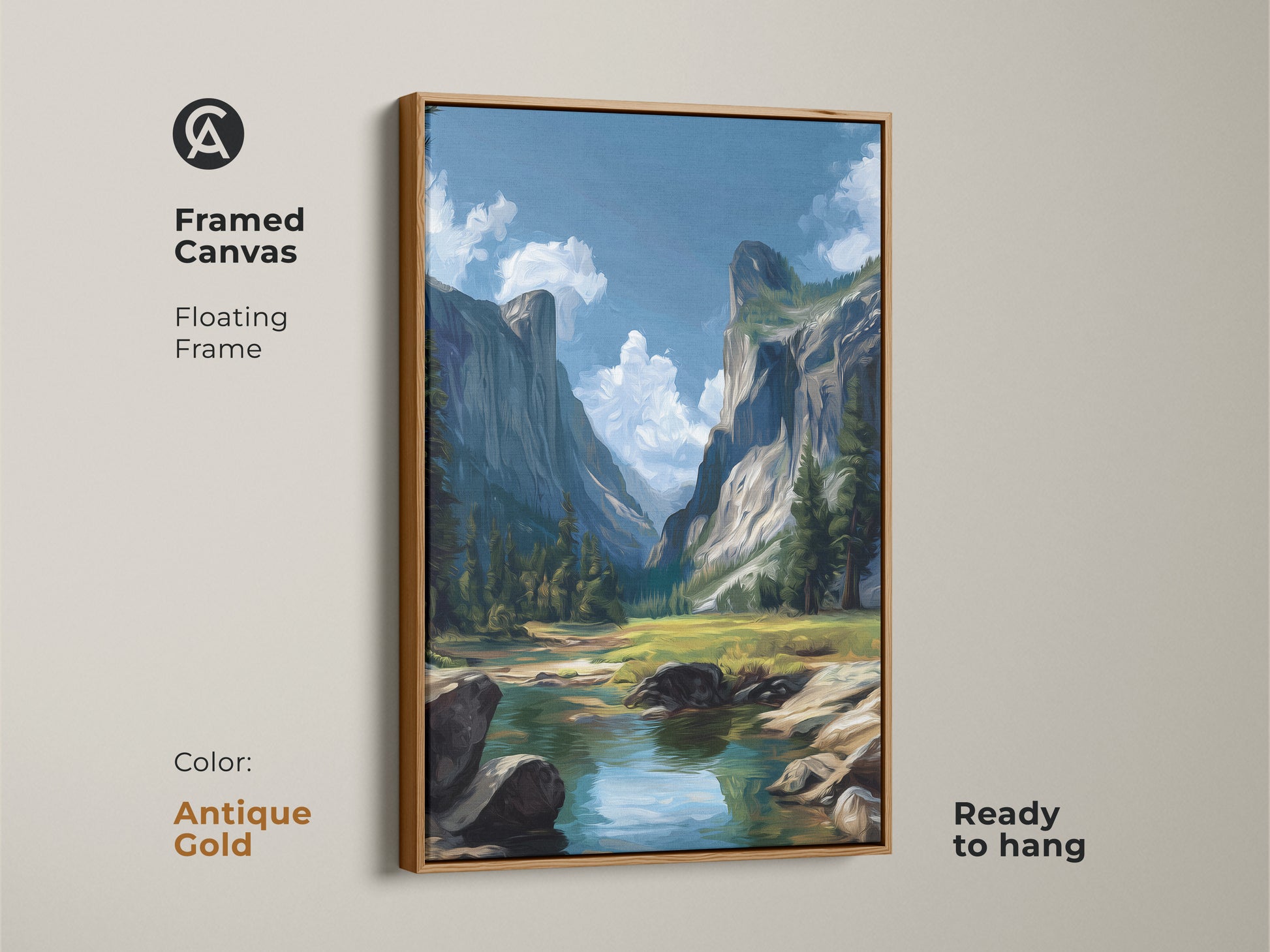 Framed canvas art in antique gold features a mountain valley landscape. This river scenic canvas print has a floating frame. The Impressionist nature wall art is ready to hang. Blue and green hues create a tranquil outdoor artwork. It is a perfect rustic home decor.