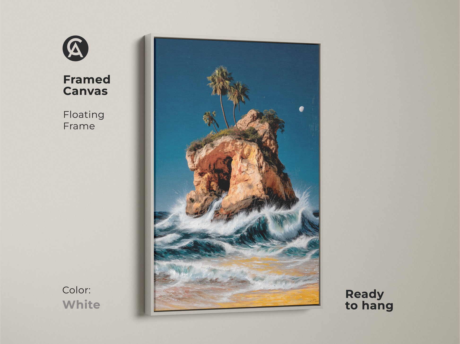 Framed canvas artwork showcasing a coastal island with ocean waves. The white floating frame offers a clean modern look. Palm trees and beach decor create a tropical paradise. Ready to hang this seascape painting is perfect for a bedroom. The blue and orange oil painting style evokes a calming beach vibe.