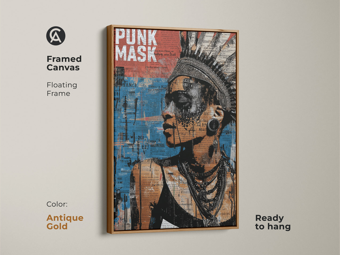 Framed canvas art of a woman in a punk mask and headdress. The floating frame has an antique gold finish ready to hang. This mixed media urban portrait canvas features collage art decor in black orange and blue. Shop now for unique bohemian wall art.