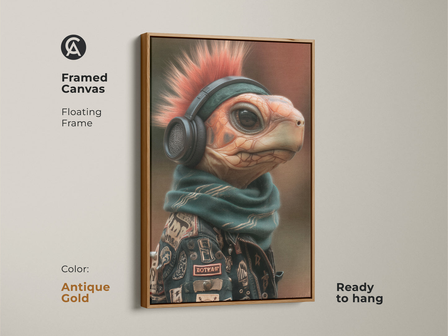 Framed Canvas Mohawk Turtle artwork in antique gold. This music themed art has a floating frame and is ready to hang. The punk rock animal art features a turtle with a mohawk headphones scarf and jacket. Brighten your space with this unique birthday gift today.