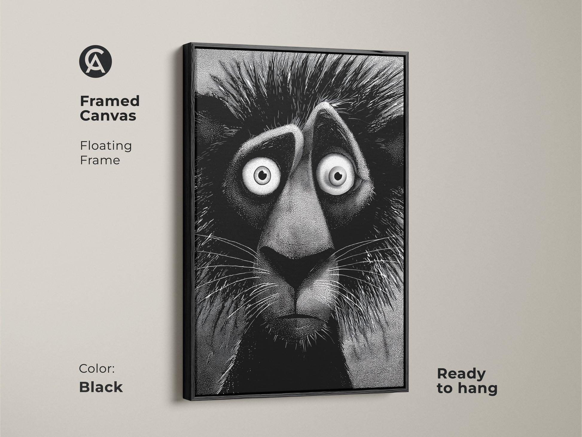 Black framed canvas of a lion artwork ready to hang. This floating frame artwork features a stylized lion with an anxious expression. It will add character and charm to any room. This artwork is gallery ready.