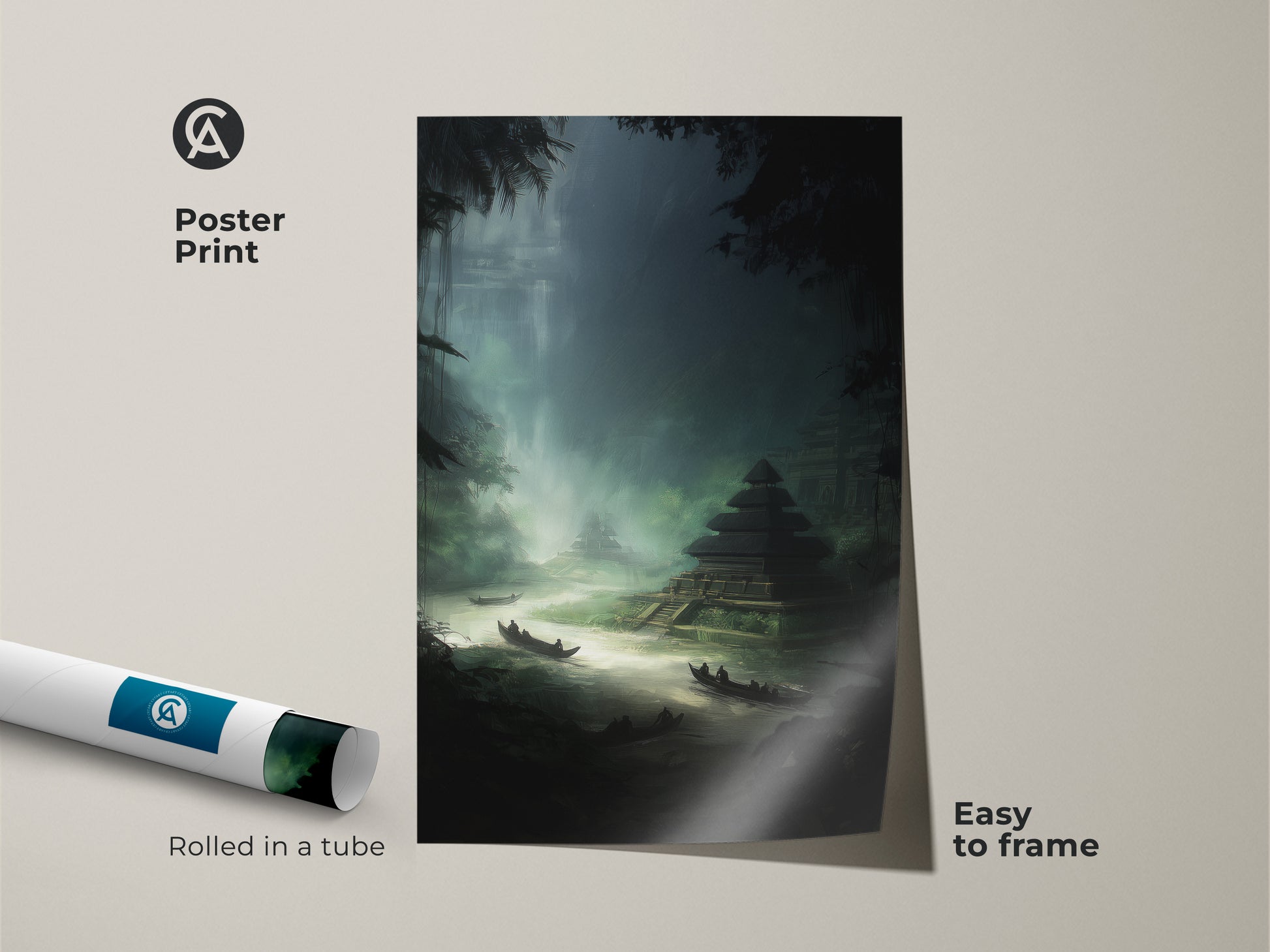 Poster print of a teal ancient temple. This mystical jungle scene artwork is an easy-to-frame travel enthusiast gift idea. Rolled in a tube for protection this atmospheric landscape canvas print is perfect for any space. Bring the exotic destination art to your home.