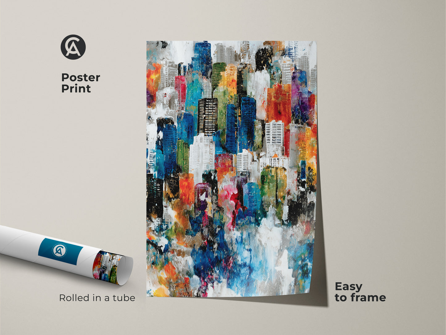 Poster print displays a vibrant abstract city art piece. The artwork is rolled in a protective tube for easy framing. The colorful cityscape adds a modern touch to any space. It offers an easy decor solution.