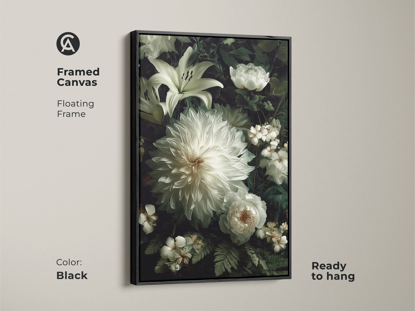 Black framed canvas featuring white dahlia lilies and roses. This floating frame art is ready to hang. A sophisticated floral artwork for your home. This piece enhances any living space with elegance.