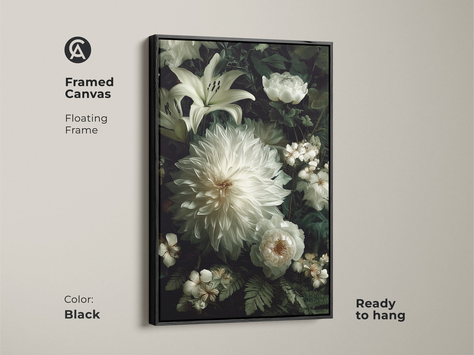 Black framed canvas featuring white dahlia lilies and roses. This floating frame art is ready to hang. A sophisticated floral artwork for your home. This piece enhances any living space with elegance.
