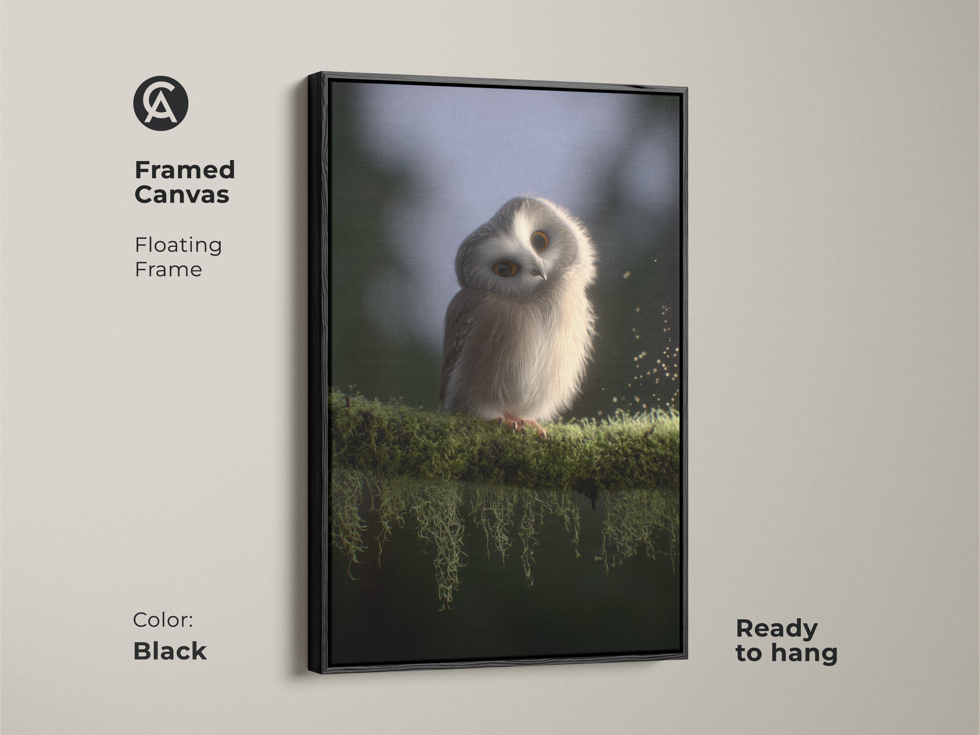 Framed canvas featuring a baby owl. The floating frame enhances the cute owl wall art. Perfect for Scandinavian nursery decor. Its gentle forest creature print is ready to hang in a black frame.
