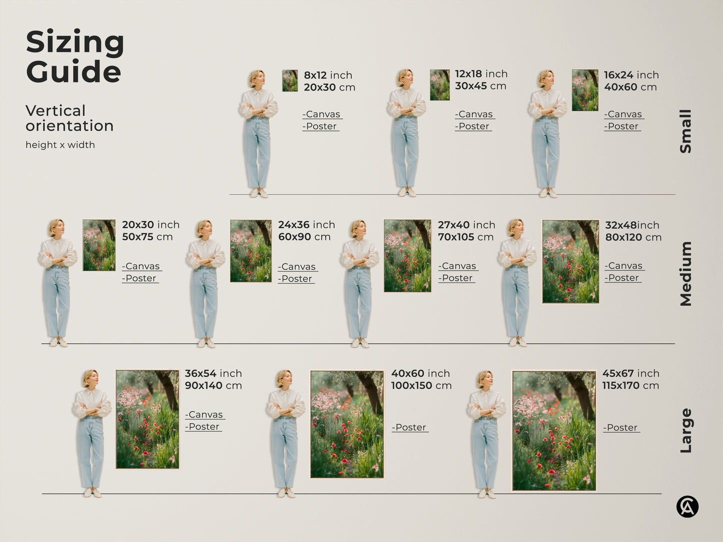 Sizing guide for vertical botanical garden canvas prints. Find the perfect fit for your space. Choose from small medium or large sizes. Visualize how the red poppy art will look in your home. Options include canvas and poster prints to suit your style and needs.