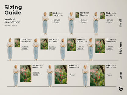 Sizing guide for vertical botanical garden canvas prints. Find the perfect fit for your space. Choose from small medium or large sizes. Visualize how the red poppy art will look in your home. Options include canvas and poster prints to suit your style and needs.