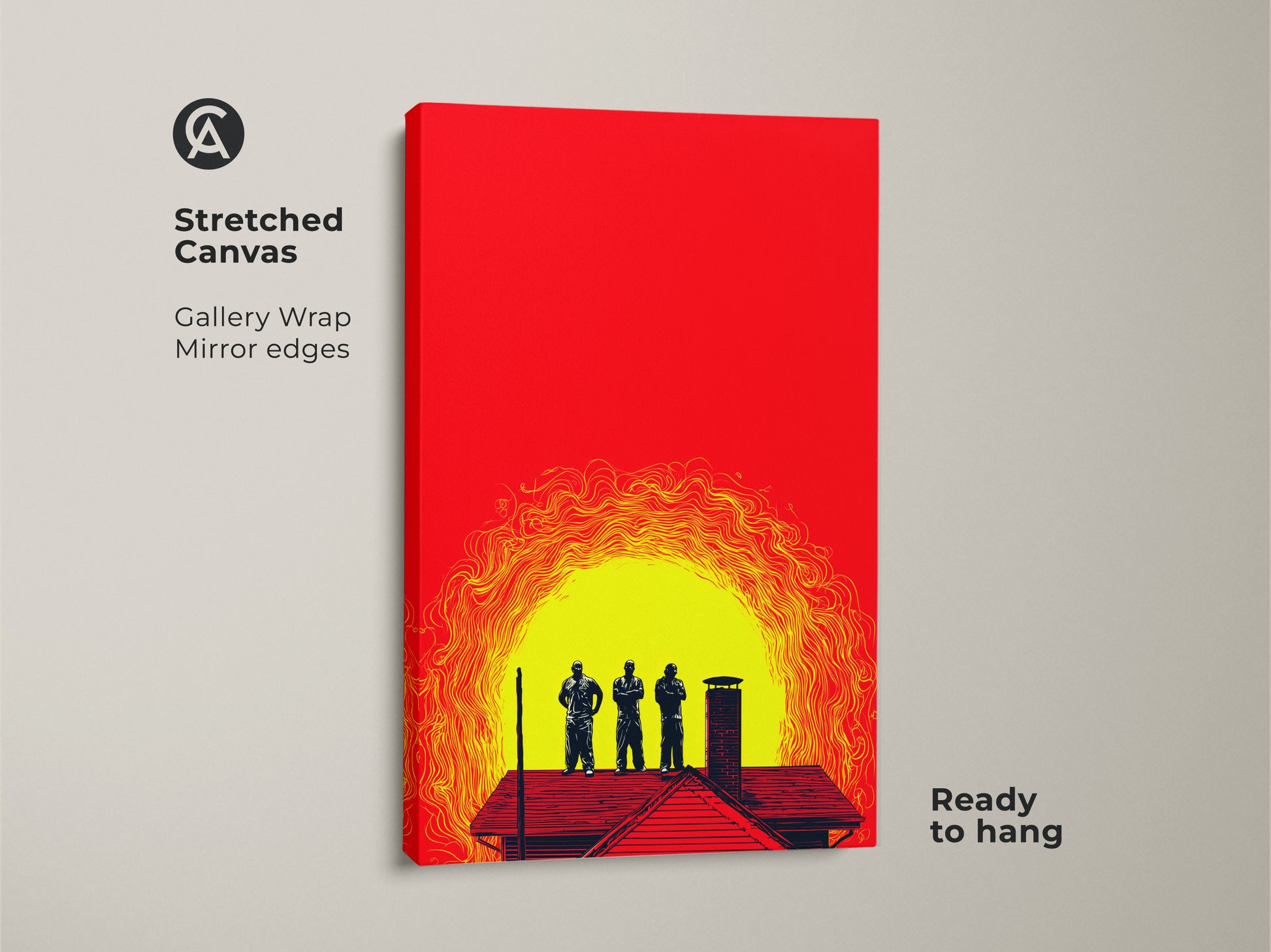 Stretched canvas art featuring crimson yellow abstract men on a rooftop. This gallery-wrapped canvas has mirror edges and is ready to hang. Ideal for modern home decor this graphic art canvas print makes a bold statement. Enhance your office wall with this unique artwork.