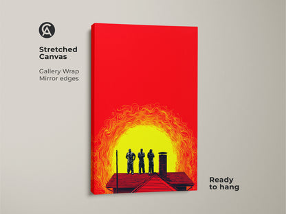 Stretched canvas art featuring crimson yellow abstract men on a rooftop. This gallery-wrapped canvas has mirror edges and is ready to hang. Ideal for modern home decor this graphic art canvas print makes a bold statement. Enhance your office wall with this unique artwork.