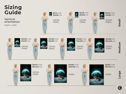 Sizing guide for vertical futuristic space art. Visualize how the astronaut on moon print fits in various sizes. Available as canvas or poster. Sizes range from small to large. Transform your bedroom with this surreal sci-fi canvas wall decor.