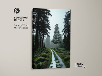 Stretched canvas art shows a misty forest path. Deep green pine trees create a serene nature scene. This gallery wrap canvas with mirror edges is ready to hang. The mossy ground adds rustic detail.