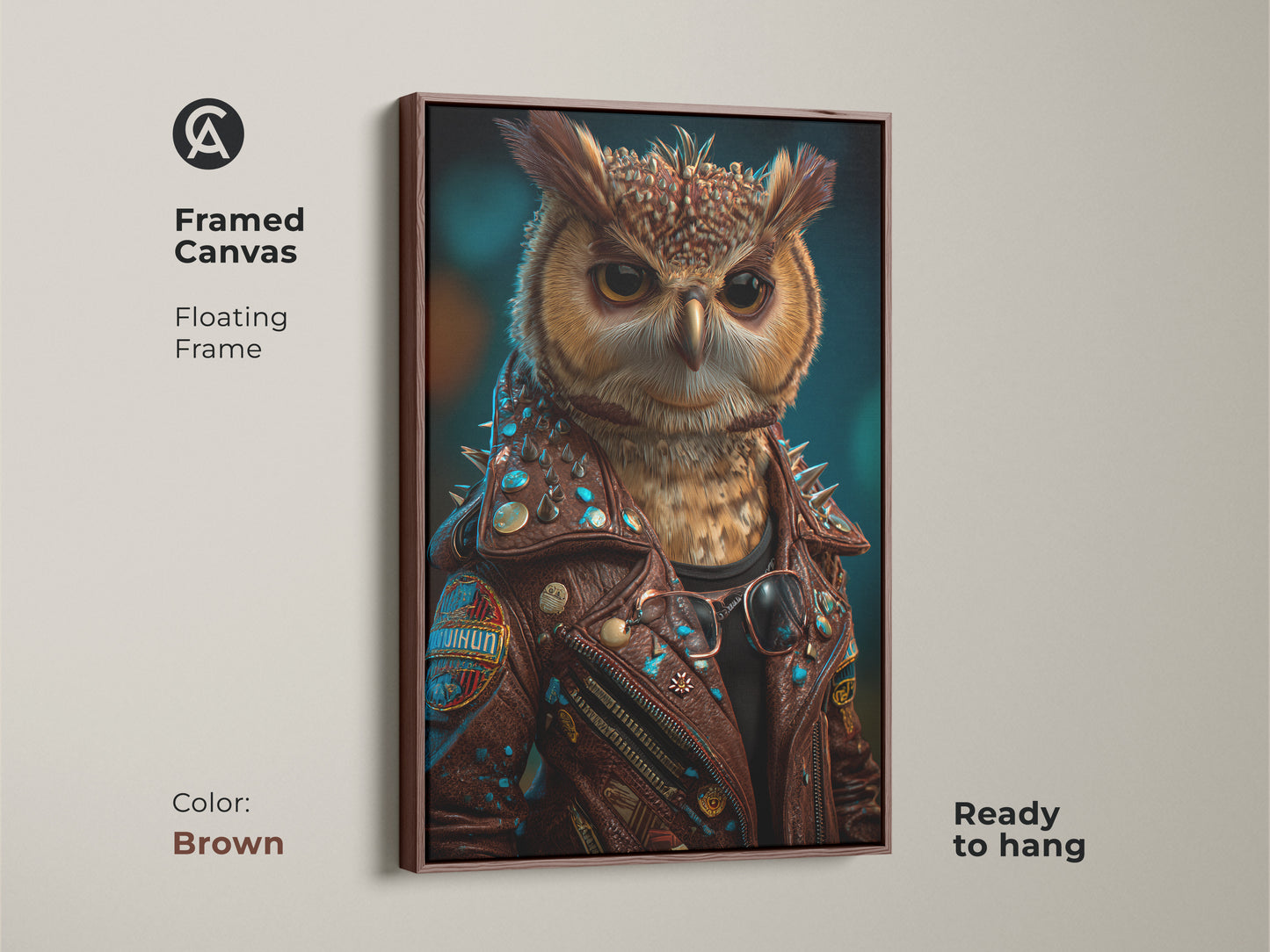 A framed canvas shows a surreal owl in a brown biker jacket. This animal character wall art is ready to hang. It has a brown floating frame for a warm tone. The orange and teal colors adds to the eclectic animal artwork. This fantasy owl artwork would make a great gift for animal lovers. Consider it for men's office decor.
