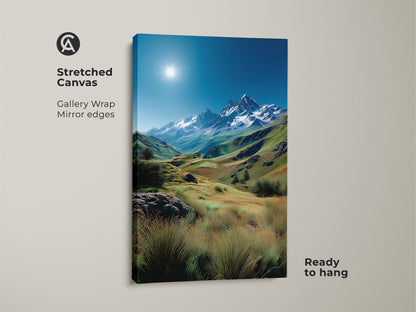 Stretched canvas print featuring a vibrant mountain scene. The gallery wrap and mirror edges add a modern touch. Ready to hang this artwork brings the beauty of the mountains into your home decor. A stunning vista.