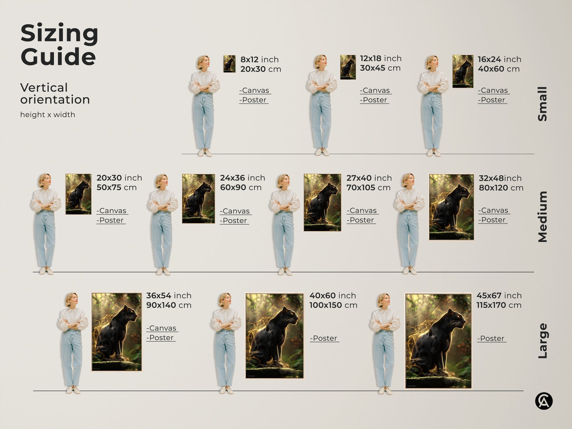 Sizing guide for the vertical Black Panther art. This gold jungle cat print is available in small medium and large sizes. Perfect wildlife canvas for eclectic bedrooms or as a statement wall art. Transform your space today.