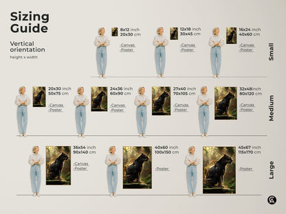 Sizing guide for the vertical Black Panther art. This gold jungle cat print is available in small medium and large sizes. Perfect wildlife canvas for eclectic bedrooms or as a statement wall art. Transform your space today.