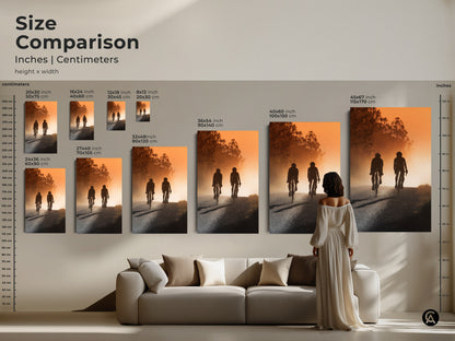 Size comparison of road cyclist artwork. See how canvas and poster prints fit above a sofa. Various sizes are available. Each features a warm amber sunset landscape.