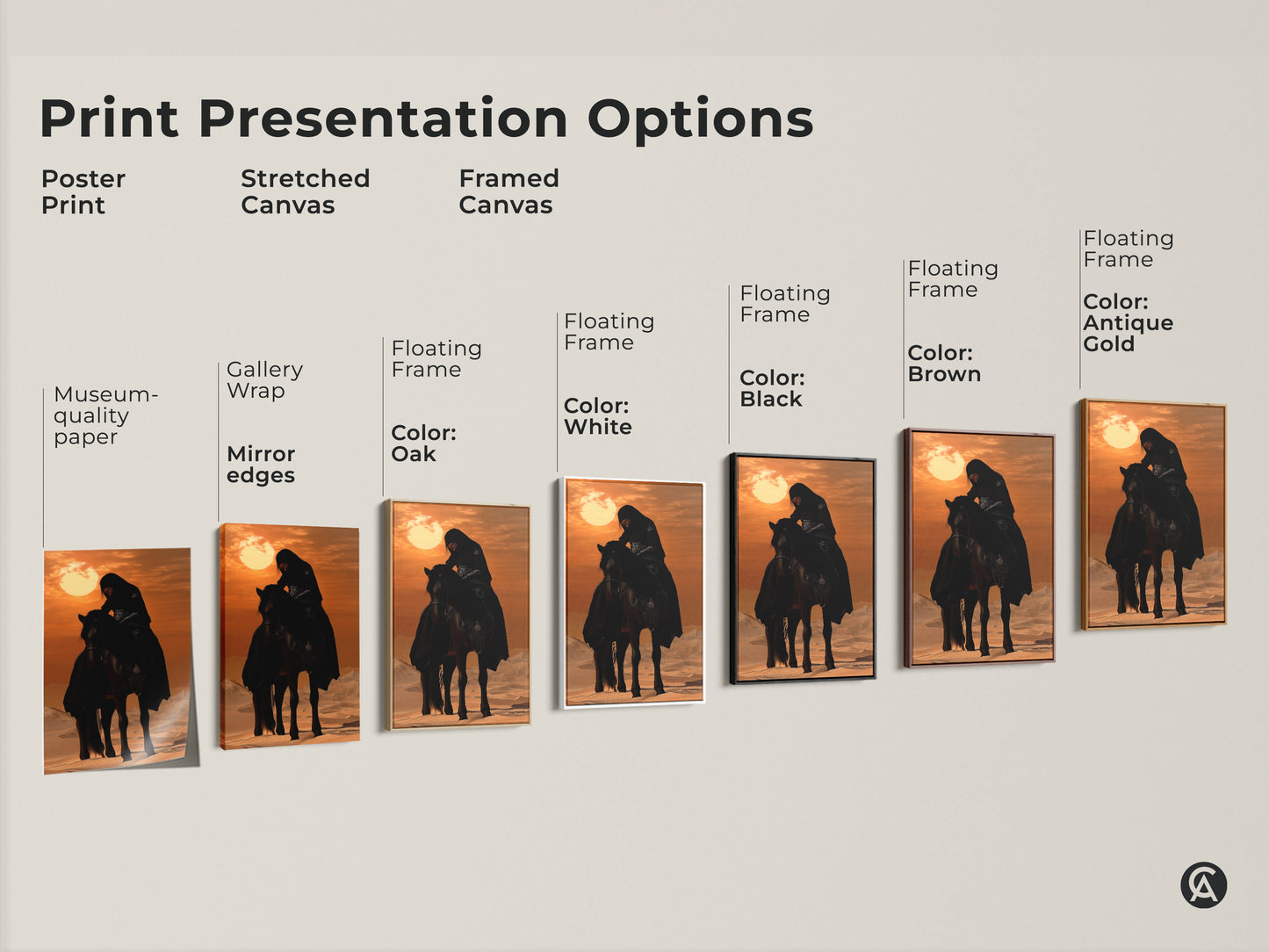 Explore print presentation options with this eclectic desert rider art. Choose from poster stretched or framed canvas. Each artwork features a Desert Rider on an Arabian Horse against a warm desert sunset. Get your equestrian gift today.