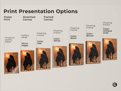 Explore print presentation options with this eclectic desert rider art. Choose from poster stretched or framed canvas. Each artwork features a Desert Rider on an Arabian Horse against a warm desert sunset. Get your equestrian gift today.