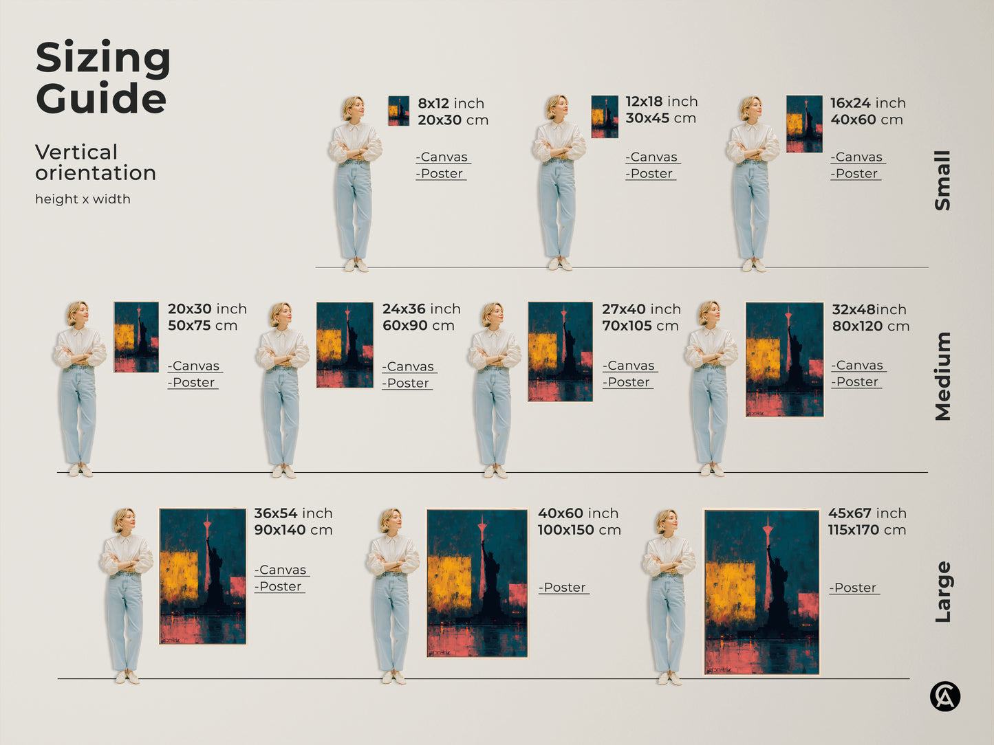 Sizing guide for vertical abstract Statue of Liberty canvas and poster prints. Options range from small 8x12 inch to large 45x67 inch. Ideal for any space New York Cityscape wall decor.