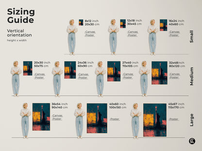Sizing guide for vertical abstract Statue of Liberty canvas and poster prints. Options range from small 8x12 inch to large 45x67 inch. Ideal for any space New York Cityscape wall decor.