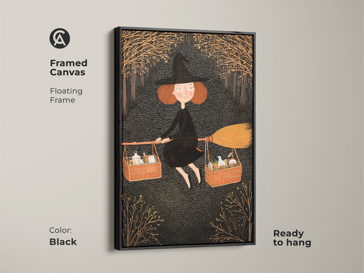 Framed canvas showcasing witch art. The black frame enhances the fantasy themed artwork. Ready to hang for easy display. Ideal Halloween decor for kids rooms. Features a magical flying witch artwork that brings a touch of folklore charm