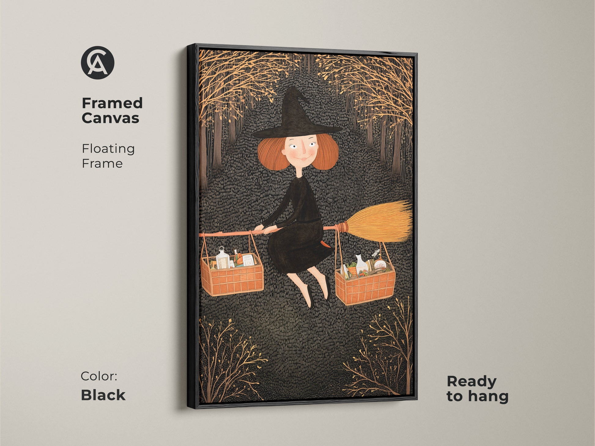 Framed canvas showcasing witch art. The black frame enhances the fantasy themed artwork. Ready to hang for easy display. Ideal Halloween decor for kids rooms. Features a magical flying witch artwork that brings a touch of folklore charm
