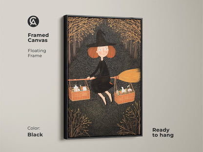 Framed canvas showcasing witch art. The black frame enhances the fantasy themed artwork. Ready to hang for easy display. Ideal Halloween decor for kids rooms. Features a magical flying witch artwork that brings a touch of folklore charm