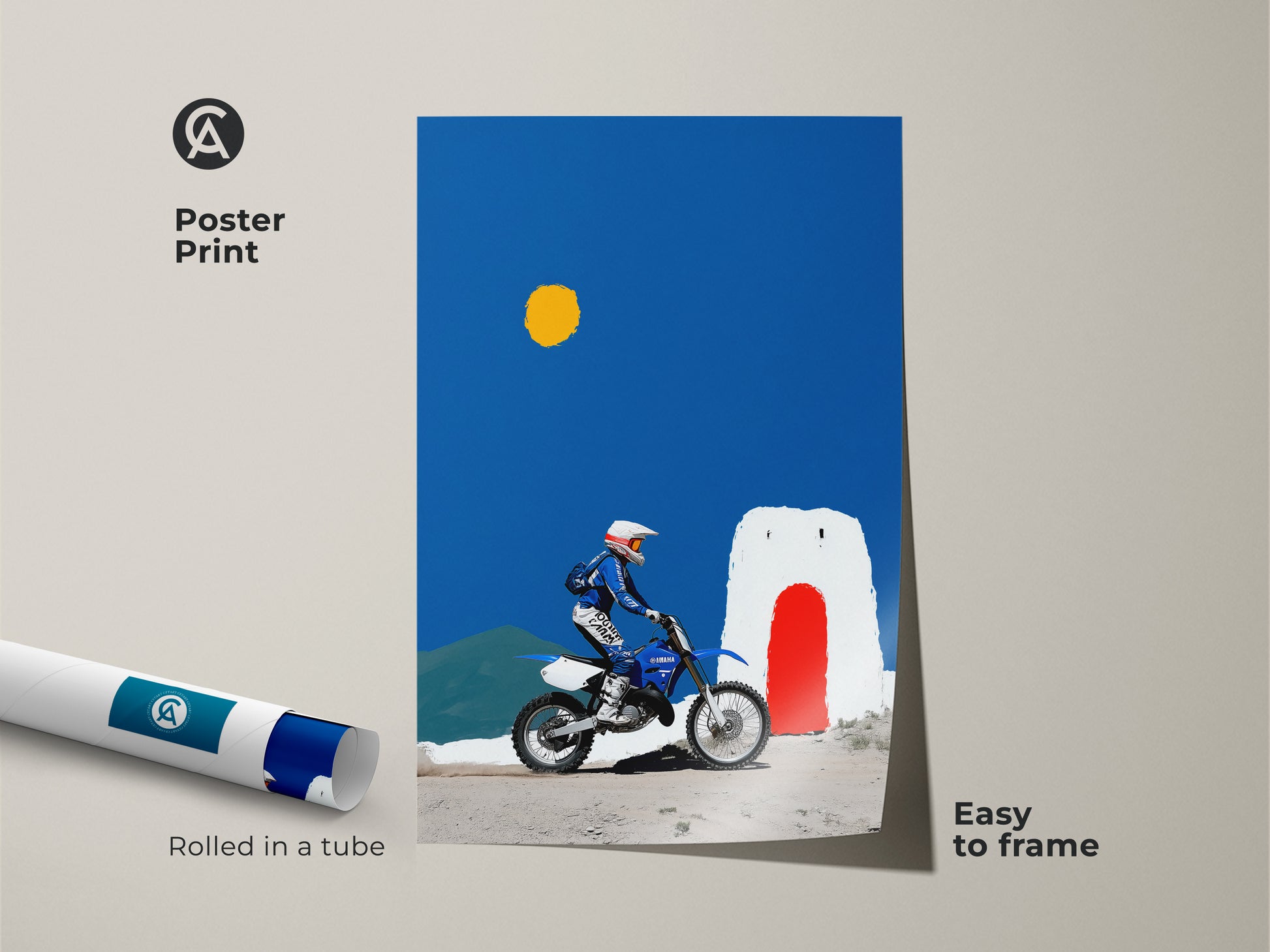 Poster print of a Motocross Rider on a Yamaha dirt bike. The art shows off-road adventure decor. The blue and yellow landscape is minimalist. The poster is easy to frame. Perfect sports enthusiast gift rolled in a tube.