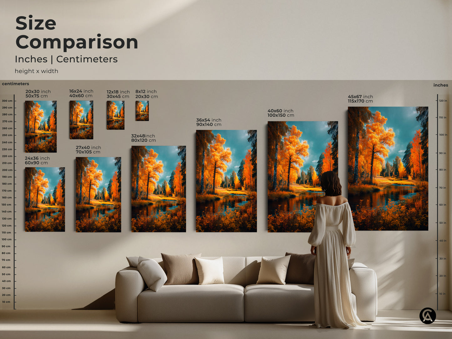 Size comparison of autumn landscape art prints. See how different sizes enhance your space. Visualize the artwork above a sofa. Sizes range from small to large to fit any room. Discover the perfect piece for your home decor today.