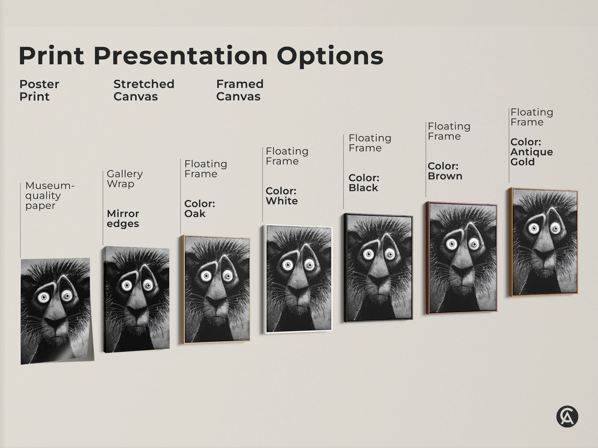 Print presentation options featuring a lion artwork. This includes poster prints and stretched canvas prints. It also includes framed canvas in black brown antique gold and white. Enhance your home decor today.