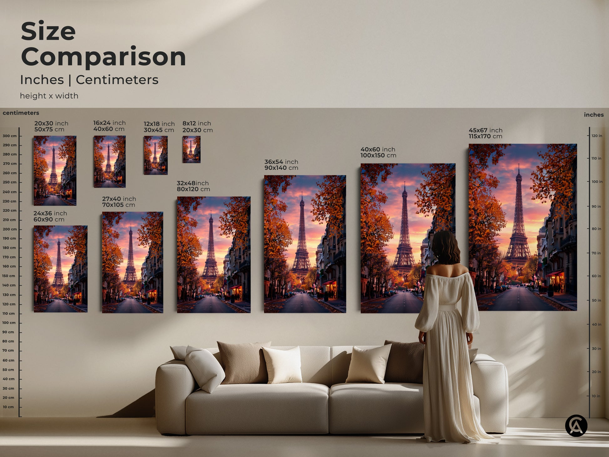 Size comparison of Eiffel Tower artwork in inches and centimeters. See how the art looks above a sofa. Available in various sizes for canvas and poster prints. Choose the ideal scale for your romantic cityscape art print.
