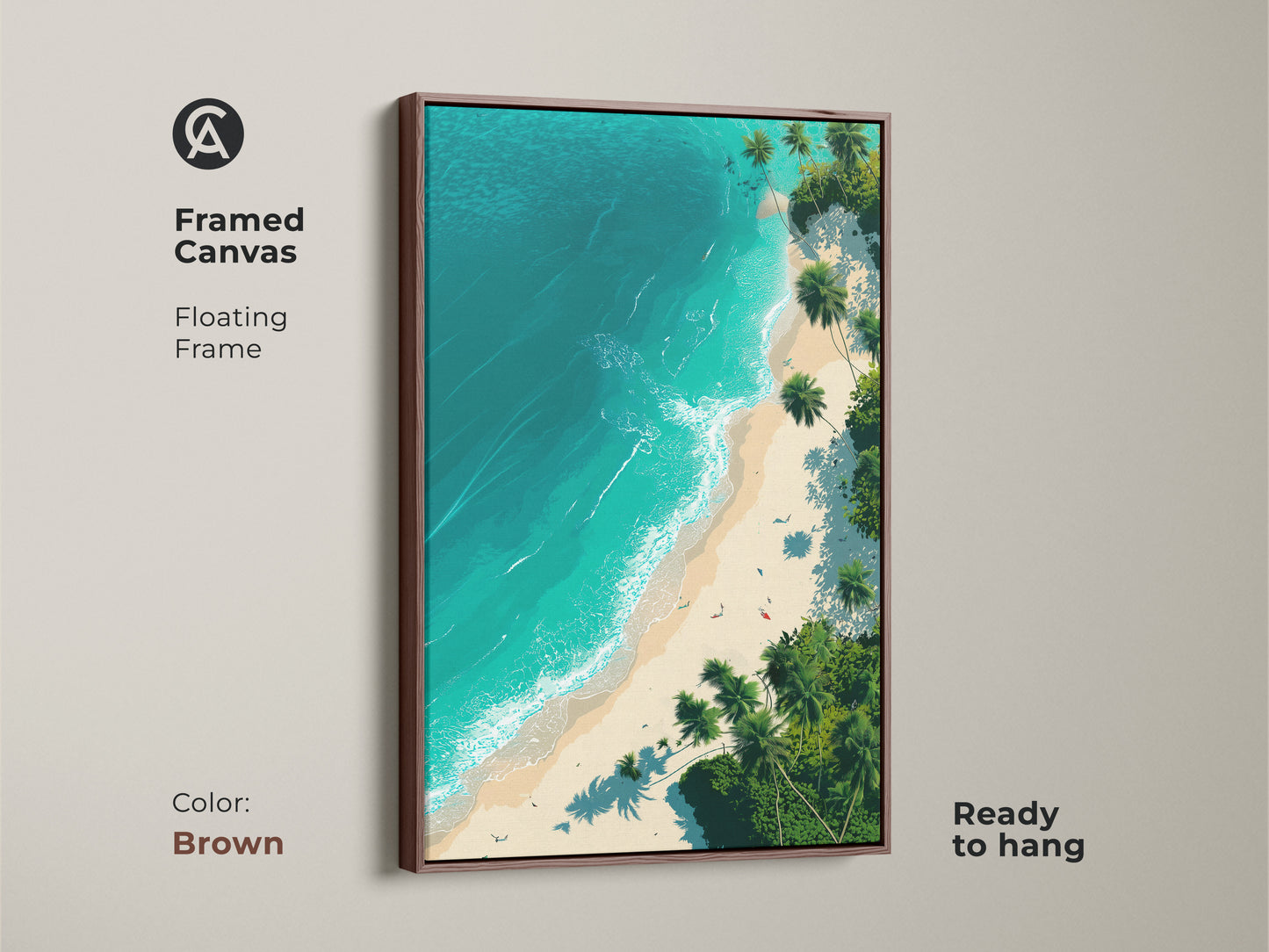 Framed canvas print of a tropical beach with a floating frame. This beach artwork features a stunning view of turquoise ocean and lush palm trees. Ready to hang this piece adds a coastal charm to any room. The frame color is brown.