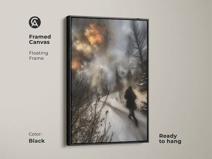 Framed canvas featuring winter nature art with a black floating frame. Ready to hang this earth tone landscape decor enhances any room.  Ideal wall art for a bedroom with a modern aesthetic.