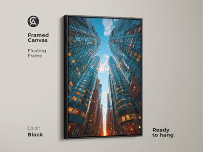 Framed canvas features modern blue and orange skyscrapers. Contemporary urban artwork adds style to any room. This architectural art print has a floating black frame. Perfect as high rise building art. Ideal for city apartment decor. Ready to hang.