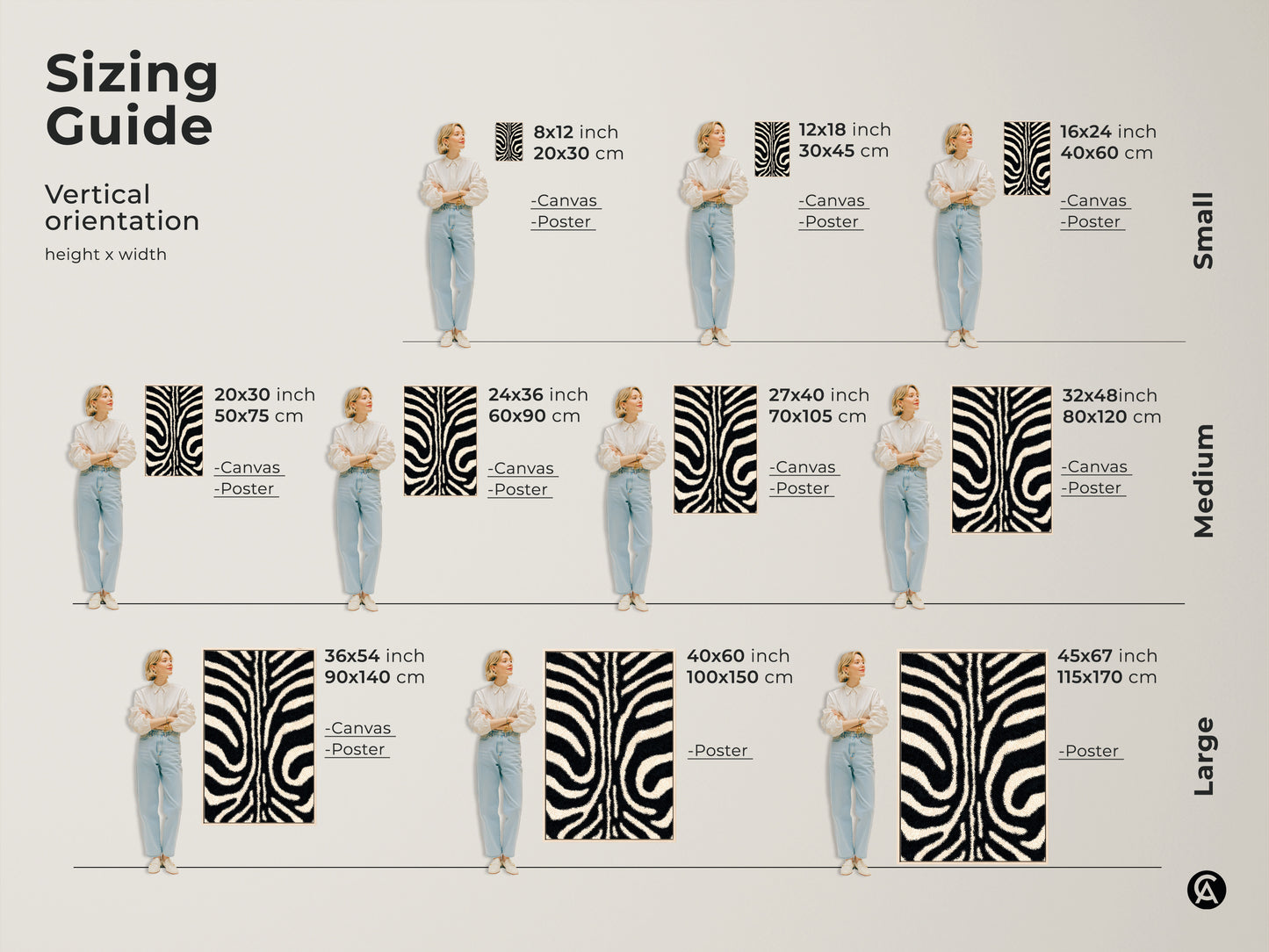 Sizing guide shows this zebra stripe artwork. Available in canvas and poster prints. Vertical orientations suit various spaces. Find the perfect size for your modern minimalist animal art decor.