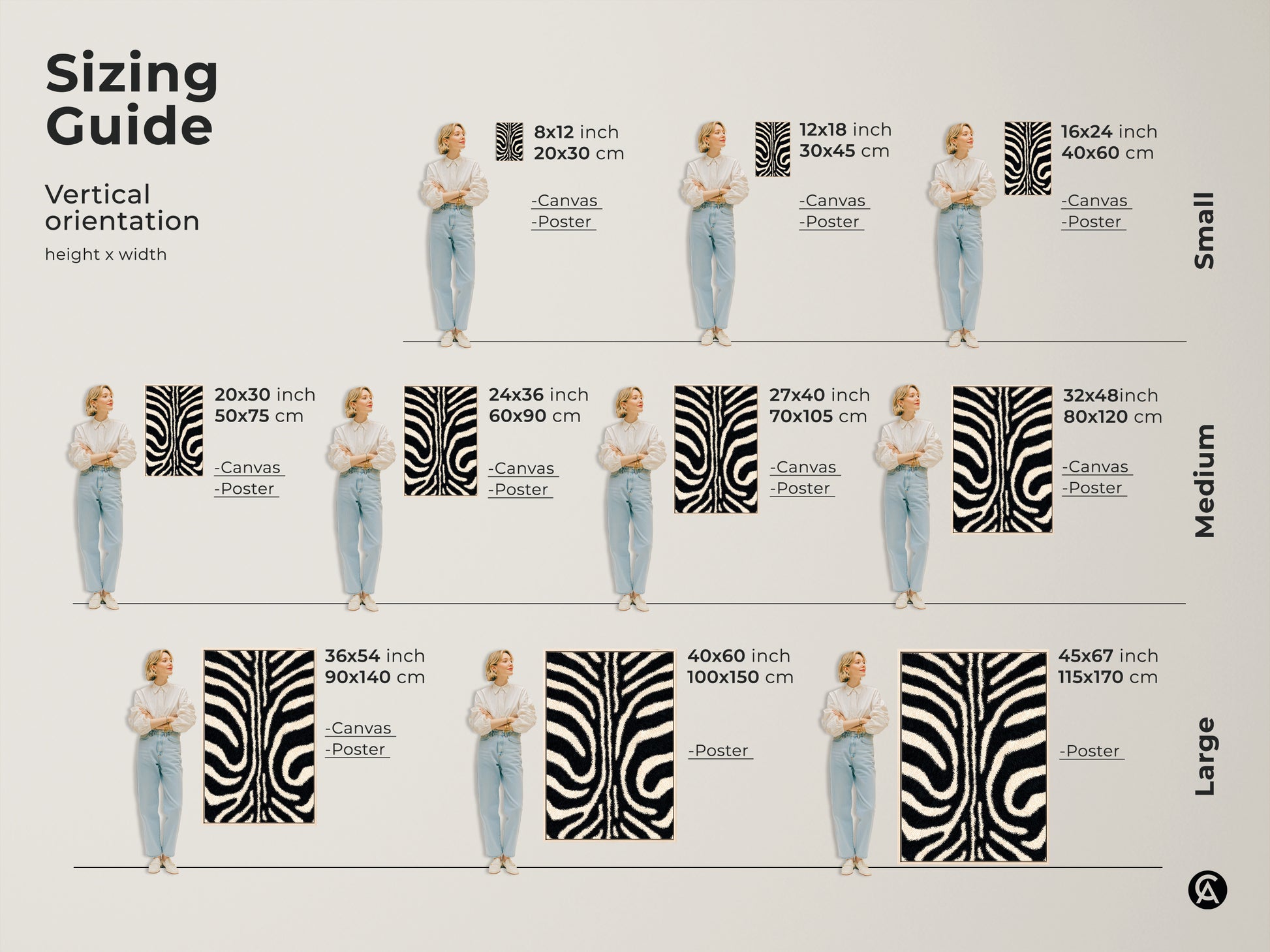 Sizing guide shows this zebra stripe artwork. Available in canvas and poster prints. Vertical orientations suit various spaces. Find the perfect size for your modern minimalist animal art decor.