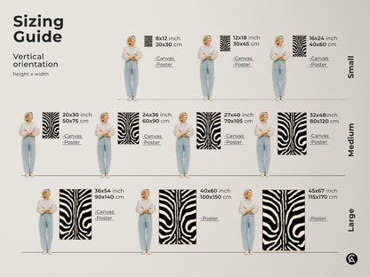 Sizing guide shows this zebra stripe artwork. Available in canvas and poster prints. Vertical orientations suit various spaces. Find the perfect size for your modern minimalist animal art decor.
