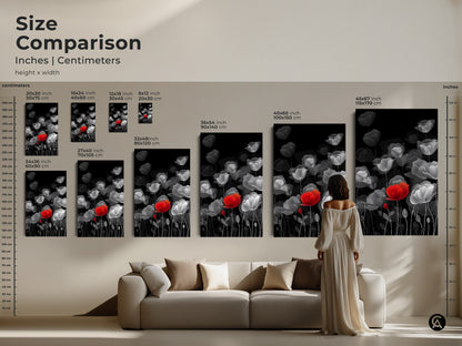Size comparison of modern botanical art prints. See how the red poppy line art canvas fits in different spaces. Sizes range from small to large. Options include canvas and poster prints. Visualize the impact of minimalist floral wall art. Transform your living room with elegant floral home decor. Find the perfect size for your home.