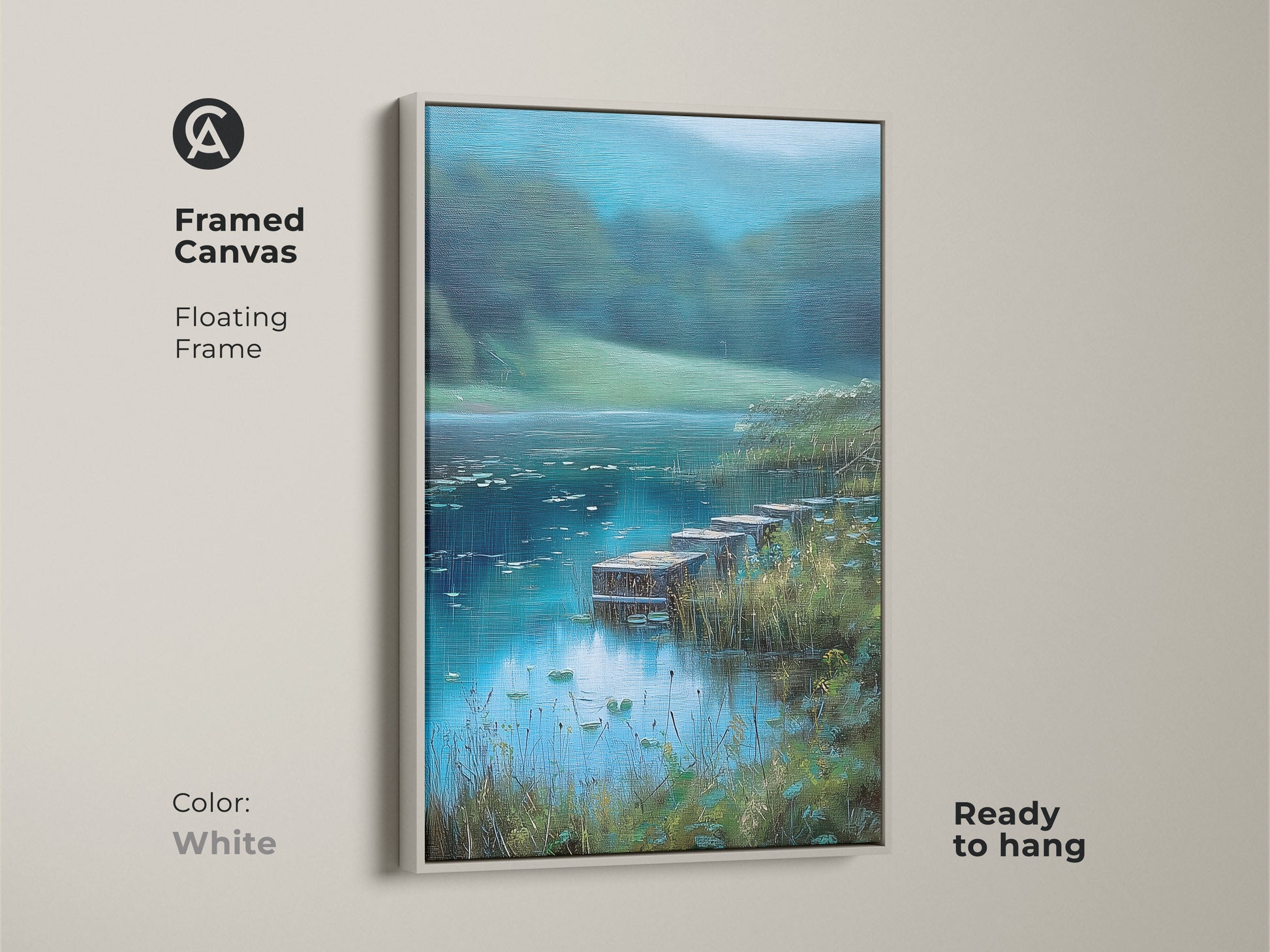 Framed canvas print featuring an impressionistic lake with rustic docks. White floating frame provides a clean look. Teal blue green wall art for nature lovers. Perfect nature landscape artwork for bedroom wall decor. Ready to hang and enjoy.