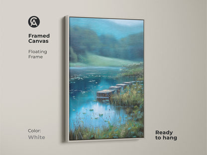 Framed canvas print featuring an impressionistic lake with rustic docks. White floating frame provides a clean look. Teal blue green wall art for nature lovers. Perfect nature landscape artwork for bedroom wall decor. Ready to hang and enjoy.
