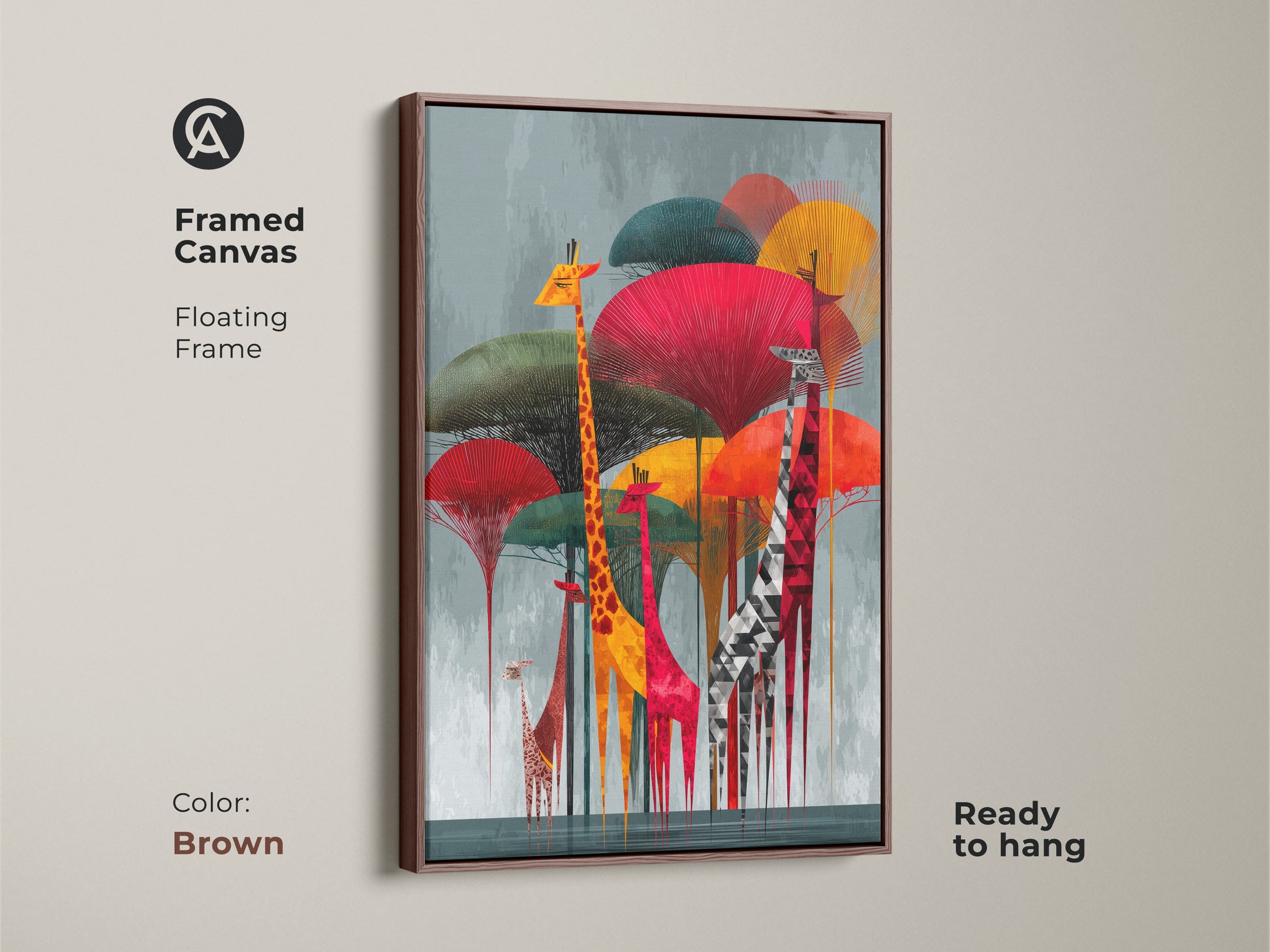 Framed canvas showcasing the Geometric Giraffe artwork with a floating brown frame. This modern folk art decor is ready to hang. The abstract animal print brings a colorful safari to any room. A perfect addition to modern living room art. A unique animal wall decor.