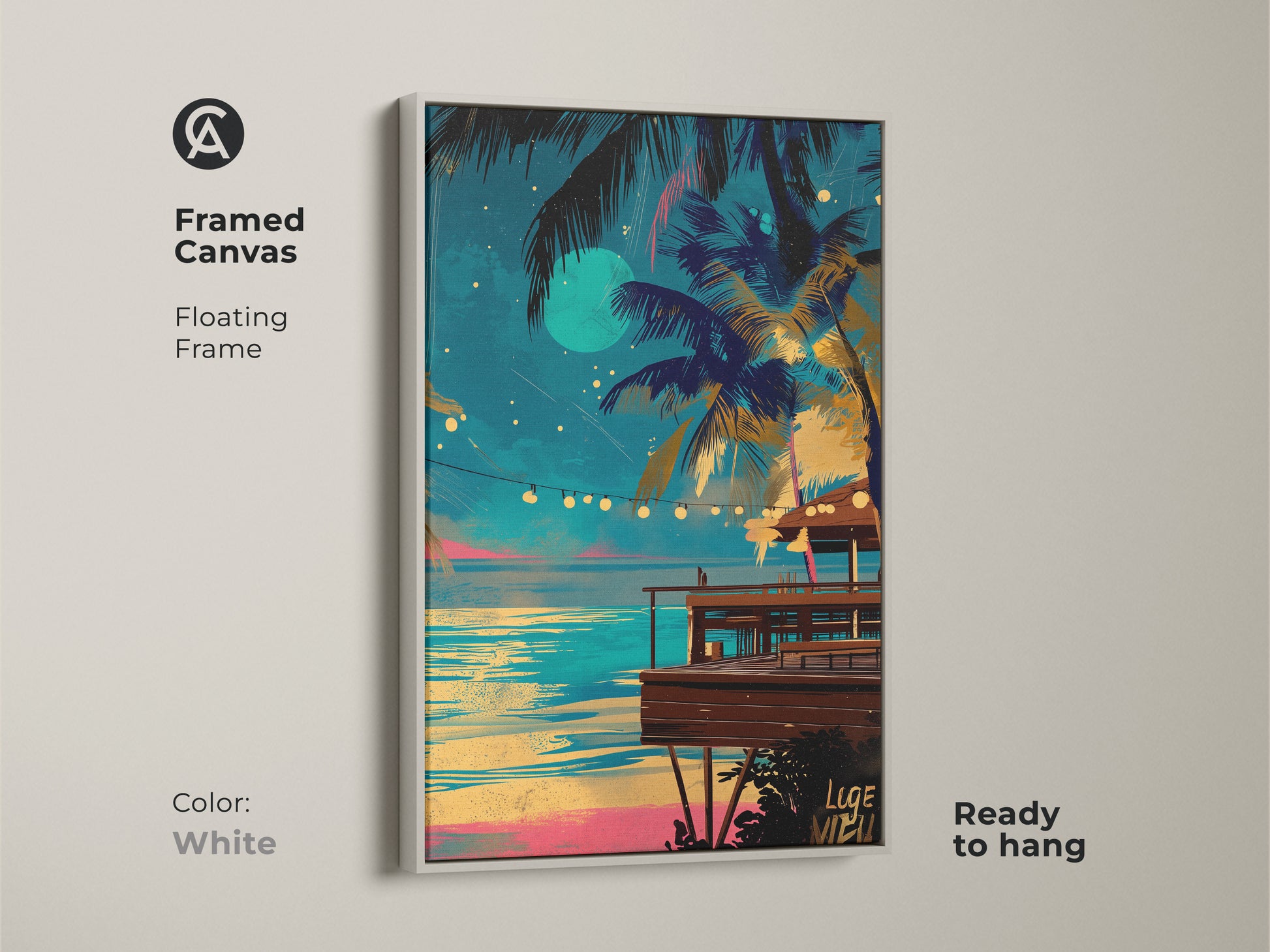 Print presentation options for tropical palm tree art. Choose from poster prints stretched canvas and framed canvas. The artwork features a beach bar night scene with a teal blue and yellow aesthetic. Options include gallery wrap and floating frames in various colors. Find the perfect boho coastal wall decor.