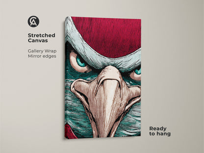 Close-up eagle canvas artwork. This bird art features a bold comic style. The canvas has gallery wrapped mirrored edges. This crimson teal eagle canvas print is ready to hang. The eclectic animal art makes a statement.