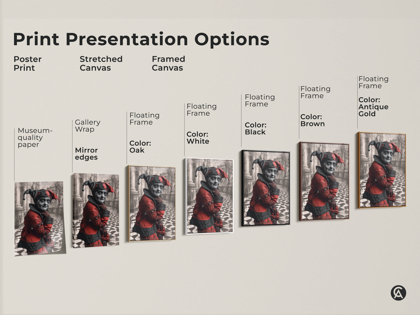 Print presentation options. Poster print. Stretched canvas. Framed canvas. Featuring a Museum-quality paper and gallery wrap. Floating frame options available in Black Brown Antique Gold and White