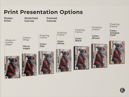 Print presentation options. Poster print. Stretched canvas. Framed canvas. Featuring a Museum-quality paper and gallery wrap. Floating frame options available in Black Brown Antique Gold and White