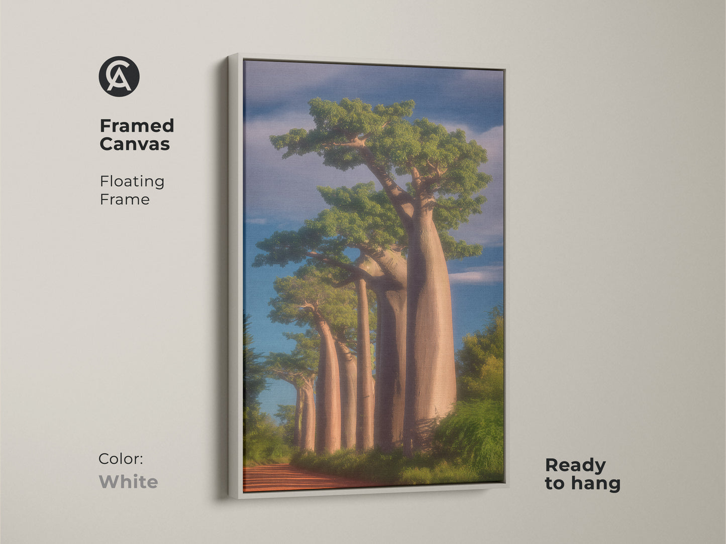 Framed canvas of Baobab trees with a white floating frame. The African savanna landscape enhances boho decor. Ready to hang this nature painting is a perfect gift for nature lovers. This is a unique African art print.